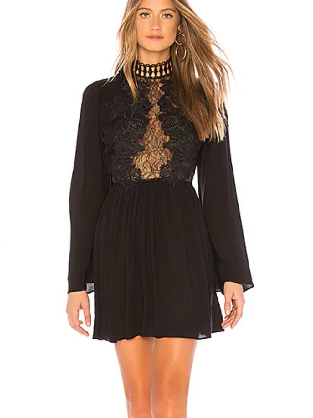 Free People Divine Black Lace-Front Long Sleeve Mini Dress